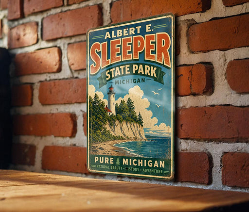 A vintage-style metal sign for Albert E. Sleeper State Park in Michigan, featuring a lighthouse and a scenic landscape.