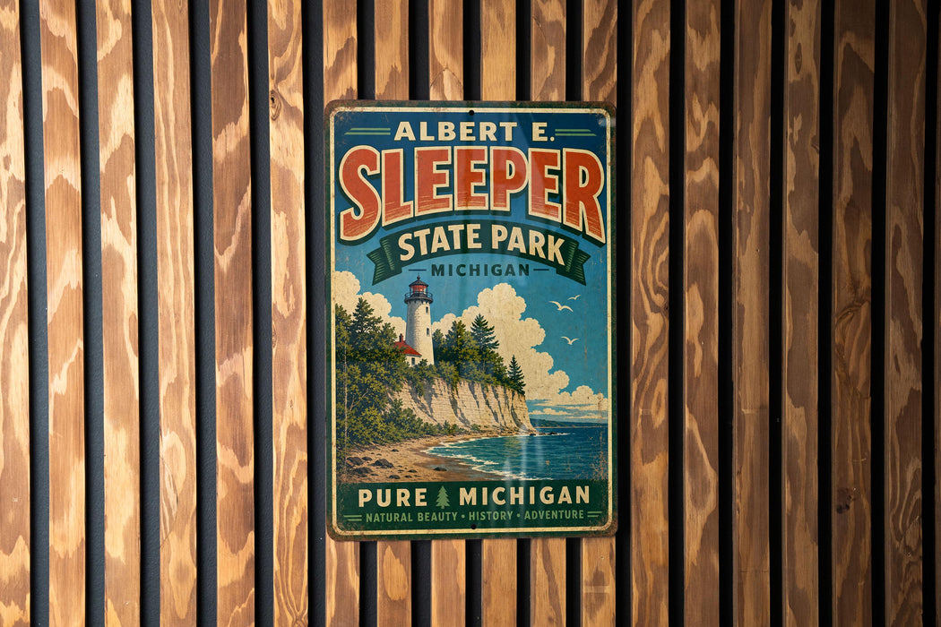 A vintage-style metal sign for Albert E. Sleeper State Park in Michigan, featuring a lighthouse and a scenic landscape.