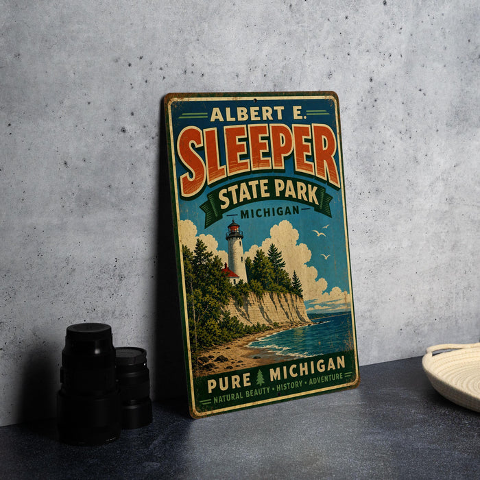 A vintage-style metal sign for Albert E. Sleeper State Park in Michigan, featuring a lighthouse and a coastal landscape.