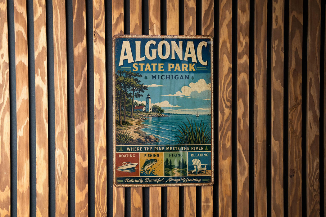 A vintage metal sign for Algonac State Park in Michigan, featuring a scenic illustration of the park's natural beauty and recreational activities.
