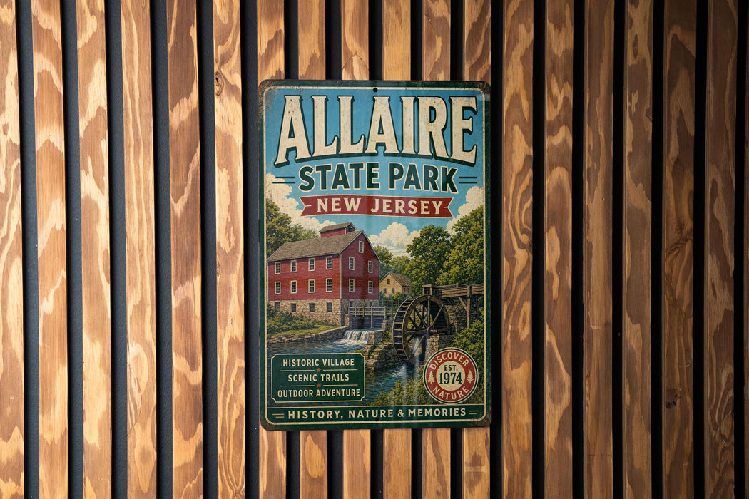 A vintage metal sign for Allaire State Park in New Jersey, featuring a red brick building and a watermill, mounted on a wooden wall.