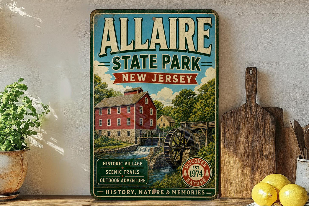 A vintage-style metal sign for Allaire State Park in New Jersey, featuring a red brick building, a watermill, and scenic trails, is displayed on a shelf next to a wooden cutting board and some lemons.
