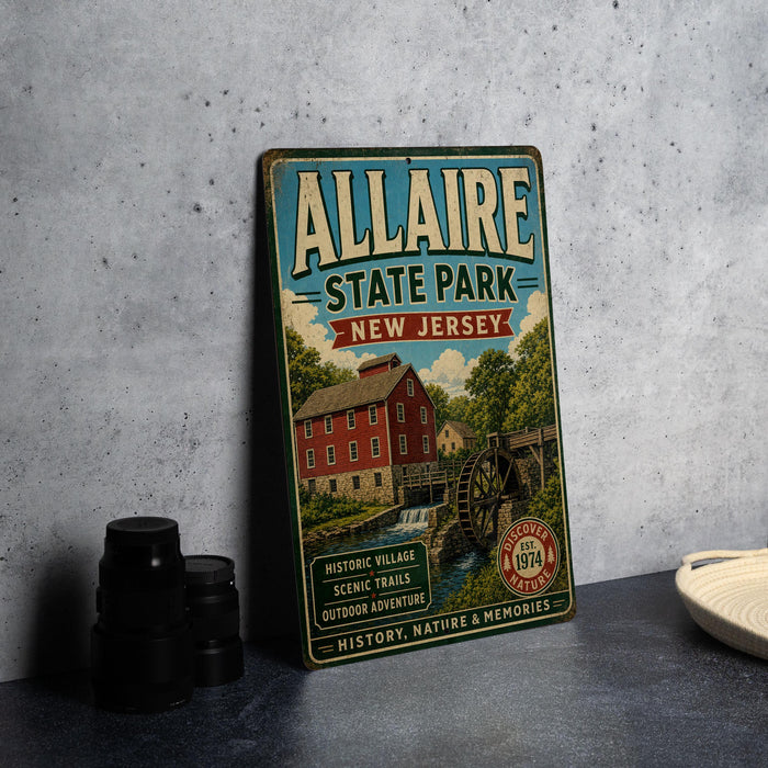 A vintage-style metal sign for Allaire State Park in New Jersey, featuring a red brick building and a watermill, is displayed on a gray countertop next to some camera equipment.