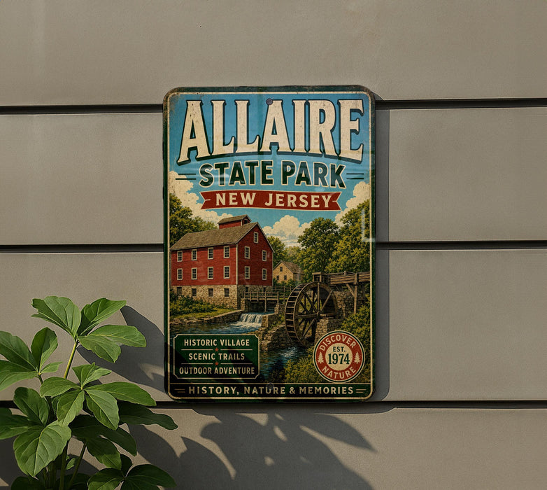 A vintage metal sign for Allaire State Park in New Jersey, featuring a red brick building, a watermill, and scenic trails.