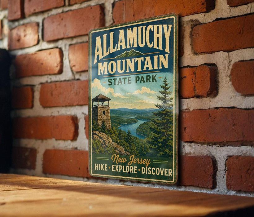 A vintage metal sign for Allamuchy Mountain State Park, featuring a scenic illustration of a mountain, river, and forest.