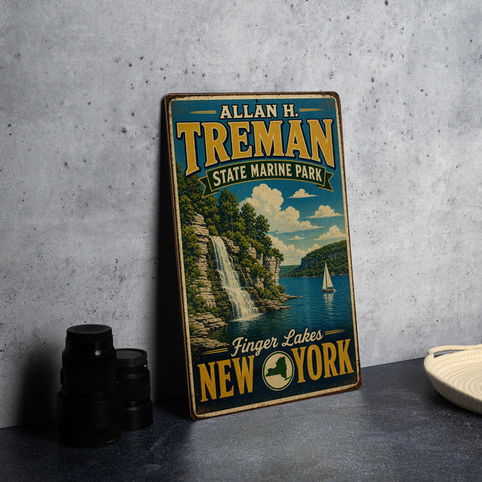 A vintage-style sign for Allan H. Treman State Marine Park, featuring a scenic image of a waterfall and a sailboat on Finger Lakes, New York.