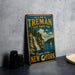 A vintage-style sign for Allan H. Treman State Marine Park, featuring a scenic image of a waterfall and a sailboat on Finger Lakes, New York.