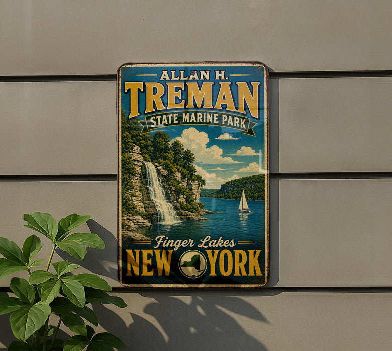 A vintage-style metal sign for All-American H. Treman State Marine Park, featuring a scenic image of a waterfall and sailboat in Finger Lakes, New York.