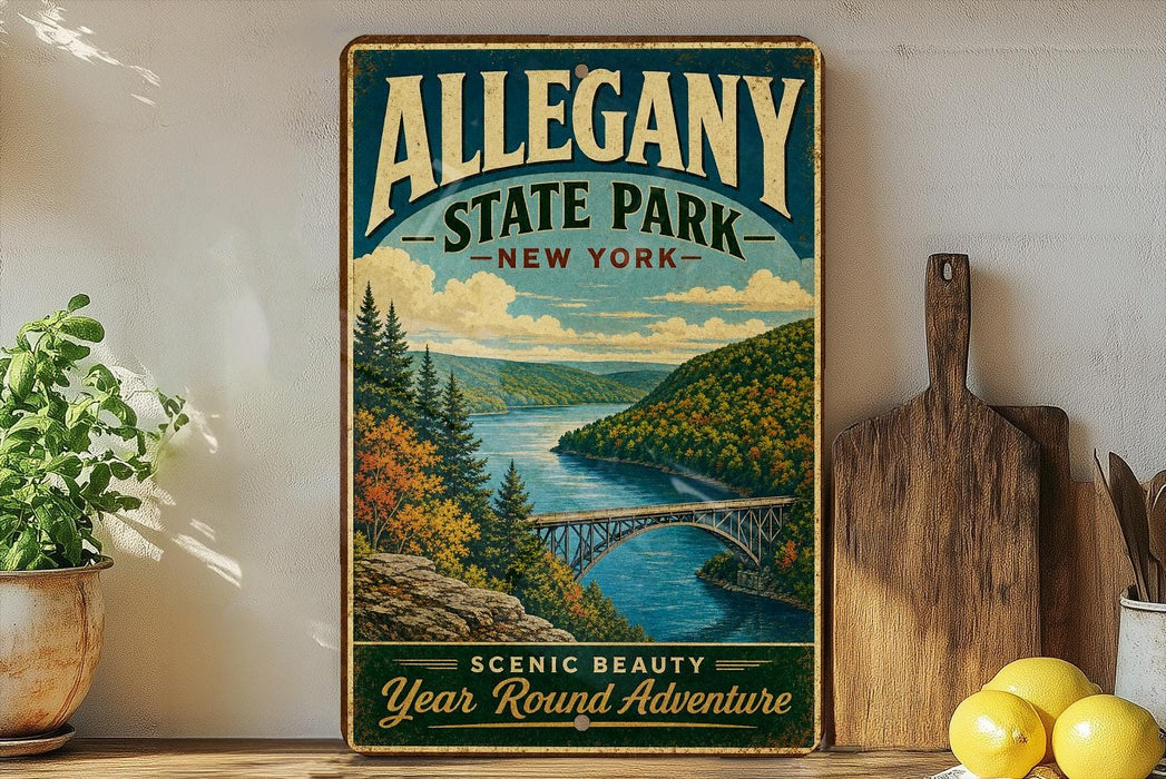 A vintage-style poster of Allegany State Park in New York, featuring a scenic landscape with a bridge and mountains in the background.