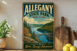 A vintage-style poster of Allegany State Park in New York, featuring a scenic landscape with a bridge and mountains in the background.