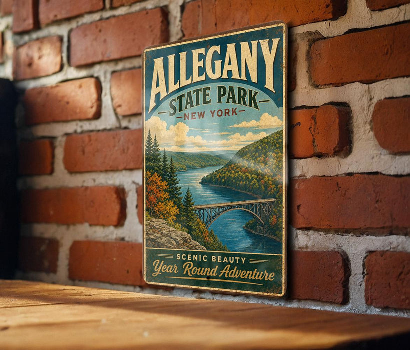 A vintage-style metal sign for Allegheny State Park in New York, featuring a scenic landscape with a river, bridge, and autumn foliage.