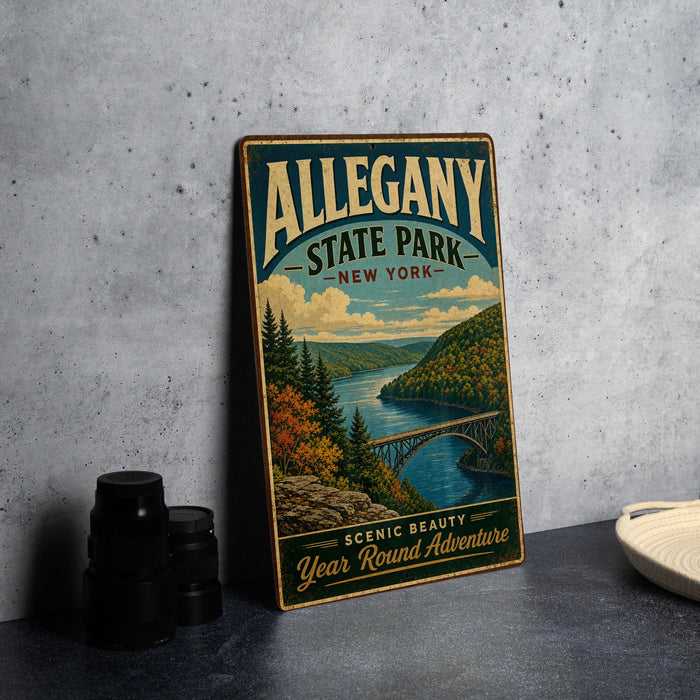 A vintage-style metal sign for AllergNY State Park in New York, featuring a scenic landscape with a river, bridge, and trees.