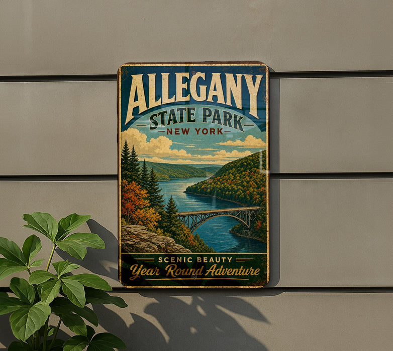A vintage-style sign for Allegheny State Park in New York, featuring a scenic landscape with a river, bridge, and trees.