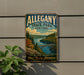A vintage-style sign for Allegheny State Park in New York, featuring a scenic landscape with a river, bridge, and trees.