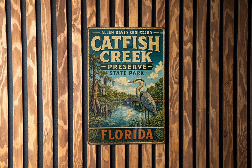 A vintage metal sign for Catfish Creek Preserve in Florida, featuring a large bird and a serene landscape.