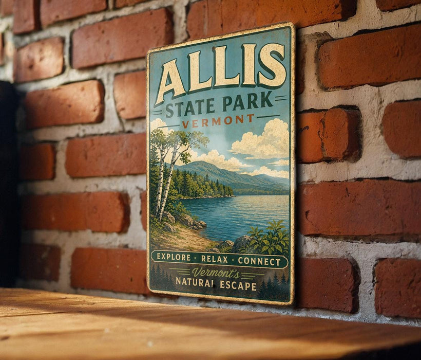 A vintage-style metal sign for Allis State Park in Vermont, featuring a scenic landscape with a lake and mountains.