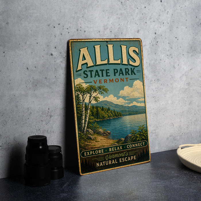 A vintage-style sign for Allis State Park in Vermont, featuring a scenic landscape with a lake and mountains.