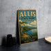 A vintage-style sign for Allis State Park in Vermont, featuring a scenic landscape with a lake and mountains.