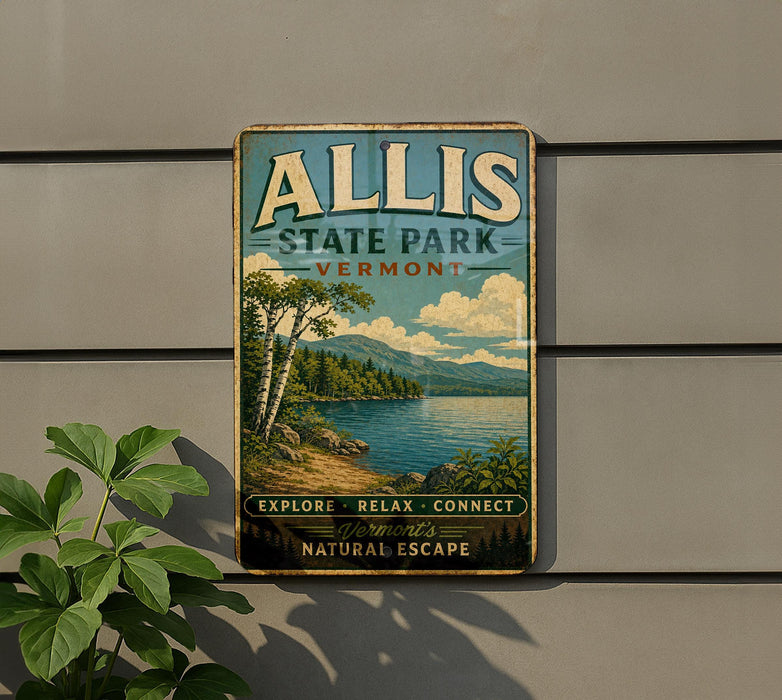 A vintage-style metal sign for Allis State Park in Vermont, featuring a scenic landscape with a lake and mountains.