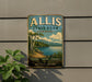 A vintage-style metal sign for Allis State Park in Vermont, featuring a scenic landscape with a lake and mountains.