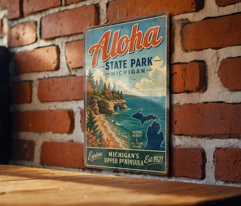 A vintage-style metal sign for Aloha State Park in Michigan, featuring a scenic illustration of the park's natural beauty.
