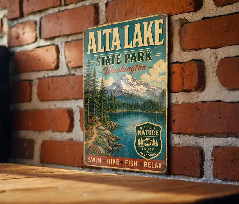 A vintage metal sign for Alta Lake State Park in Washington, featuring a scenic mountain landscape and inviting visitors to explore nature.