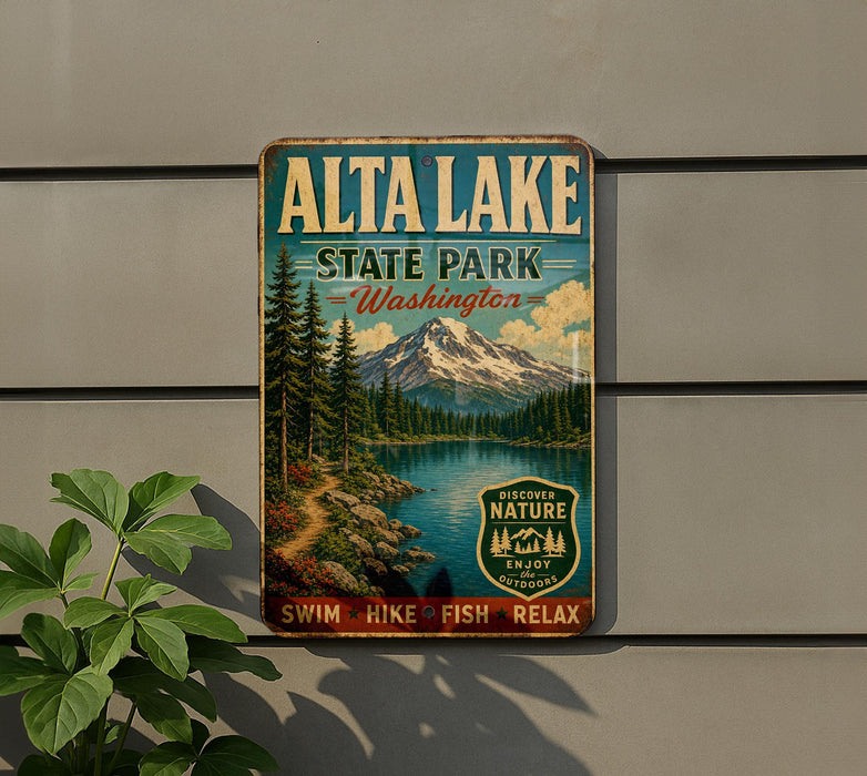A vintage-style metal sign for Alta Lake State Park in Washington, featuring a scenic mountain landscape with a lake and pine trees.