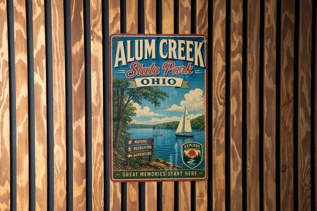 A vintage-style metal sign for Alum Creek State Park in Ohio, featuring a scenic image of a lake with a sailboat and a forested shoreline.