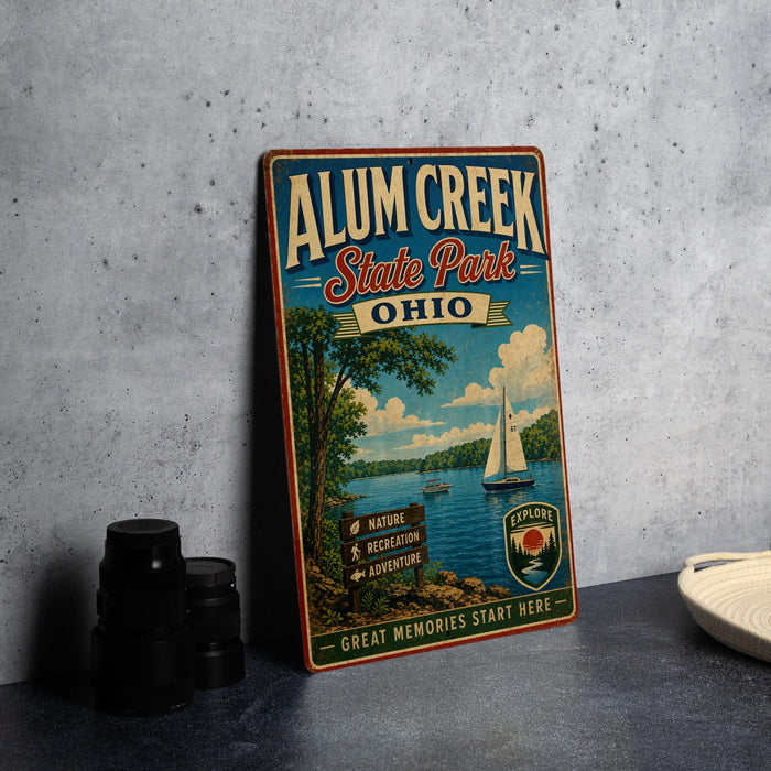 A vintage-style metal sign for Alum Creek State Park in Ohio, featuring a scenic illustration of a lake with a sailboat, surrounded by trees and mountains.