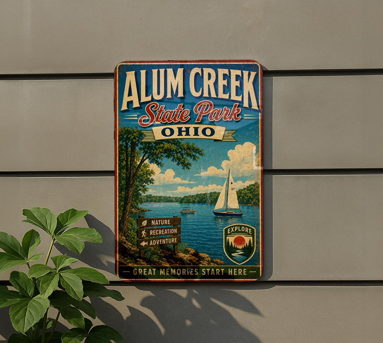 A vintage-style metal sign for Alum Creek State Park in Ohio, featuring a scenic illustration of a lake with a sailboat, surrounded by nature and recreation activities.