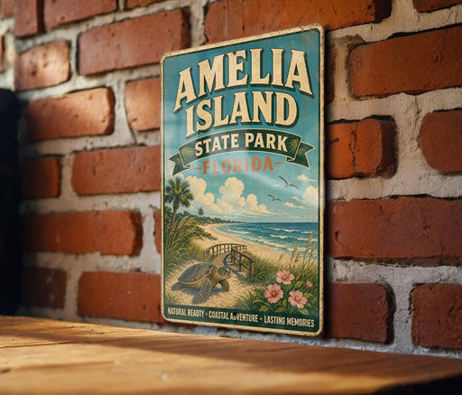 A vintage metal sign for Amelia Island, Florida, featuring a beach scene with a turtle and palm trees, mounted on a brick wall.