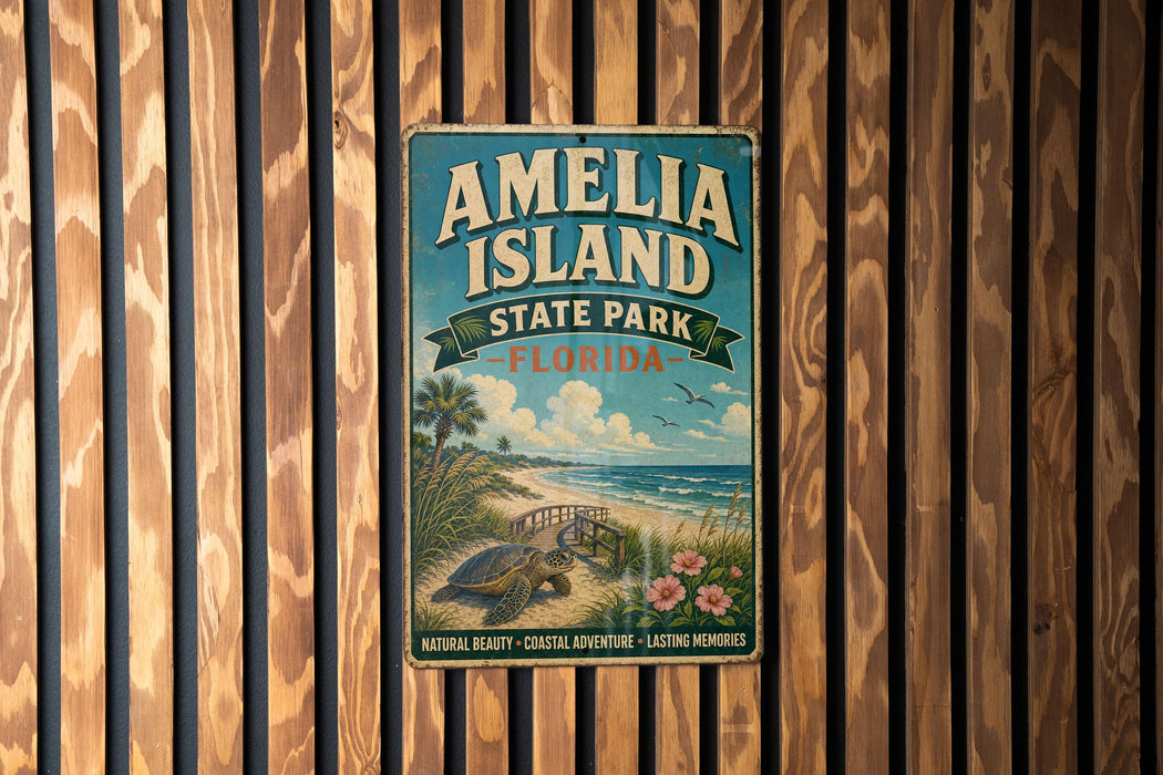A vintage-style metal sign for Amelia Island State Park in Florida, featuring a beach scene with palm trees, a turtle, and a bird.