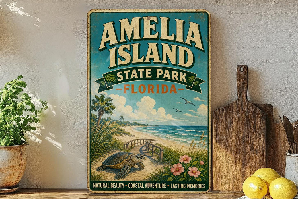 A vintage-style sign for Amelia Island State Park in Florida, featuring a beach scene with a turtle, palm trees, and a wooden board.