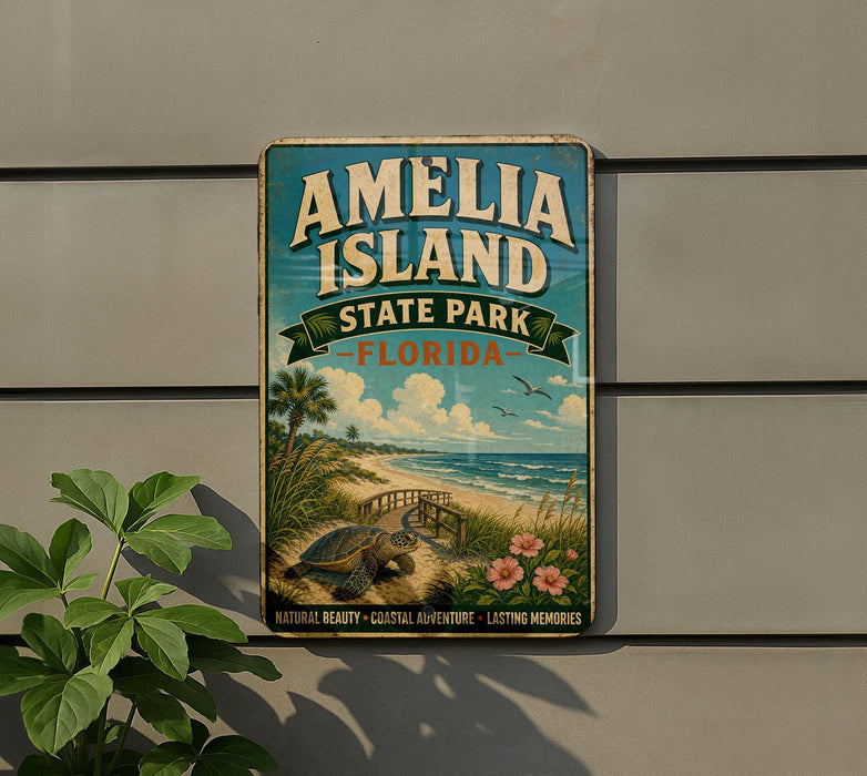 A vintage-style sign for Amelia Island State Park in Florida, featuring a beach scene with a turtle and palm trees.