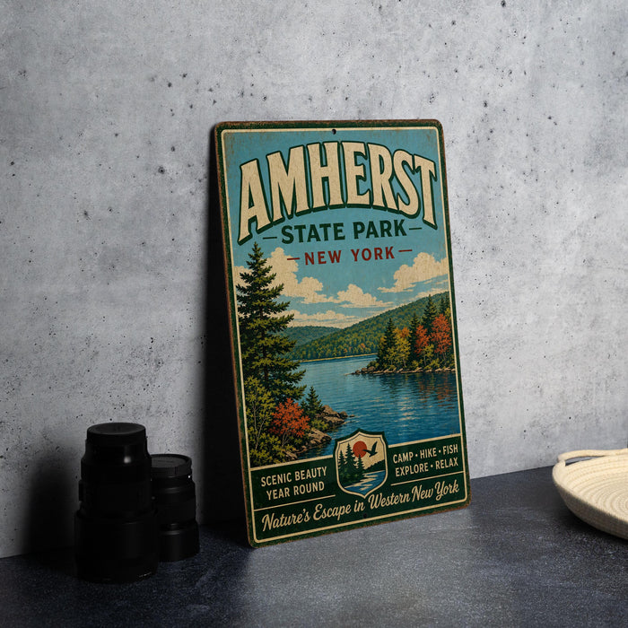 A vintage metal sign for Amherst State Park in New York, featuring a scenic landscape with a lake and pine trees.