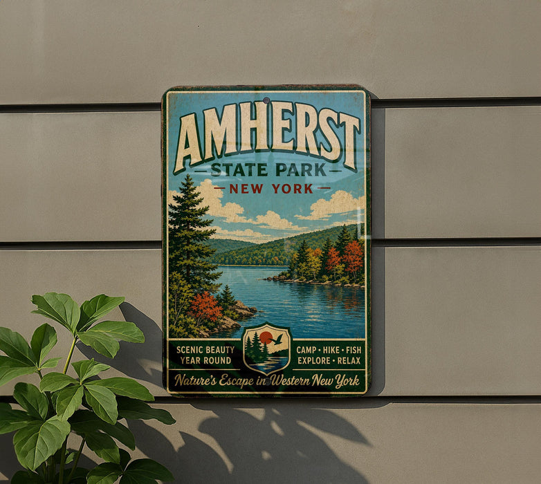 A vintage-style metal sign for Amherst State Park in New York, featuring a scenic landscape with a lake and mountains.