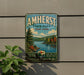 A vintage-style metal sign for Amherst State Park in New York, featuring a scenic landscape with a lake and mountains.
