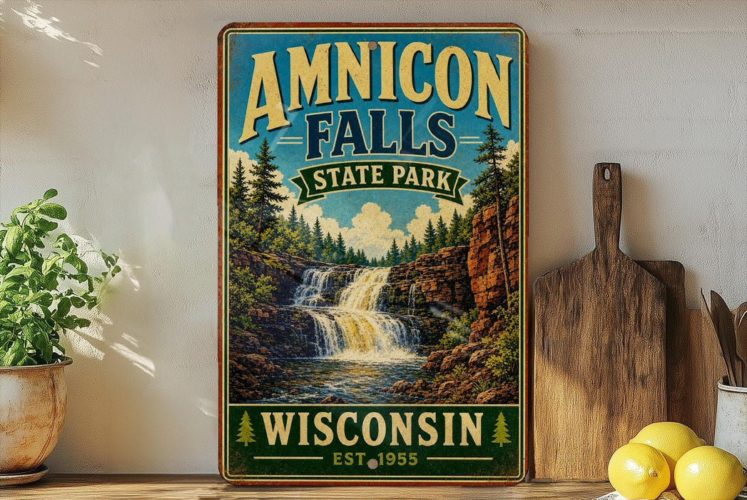 a vintage-style sign for Amnicon Falls State Park in Wisconsin, with a waterfall and forest scenery.