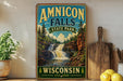 a vintage-style sign for Amnicon Falls State Park in Wisconsin, with a waterfall and forest scenery.
