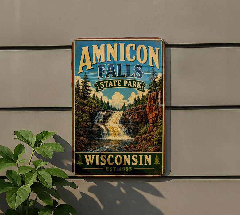 A vintage-style sign for Amnicon Falls State Park in Wisconsin, featuring a scenic image of the waterfall surrounded by trees.