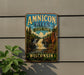 A vintage-style sign for Amnicon Falls State Park in Wisconsin, featuring a scenic image of the waterfall surrounded by trees.