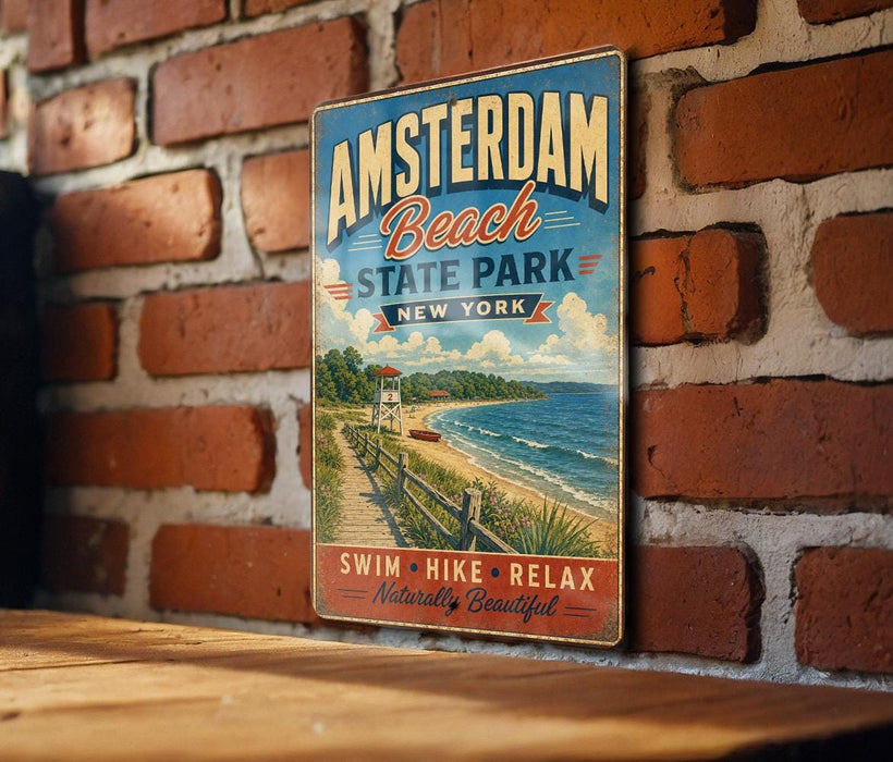A vintage metal sign for Amsterdam Beach State Park in New York, featuring a beach scene with a lifeguard tower and a path leading to the beach.