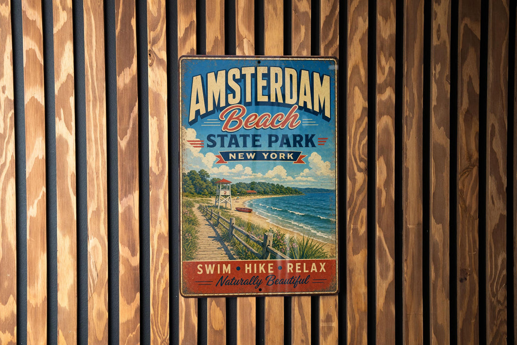 A vintage metal sign for Amsterdam Beach State Park in New York, featuring a beach scene and a lighthouse, is displayed on a wooden wall.