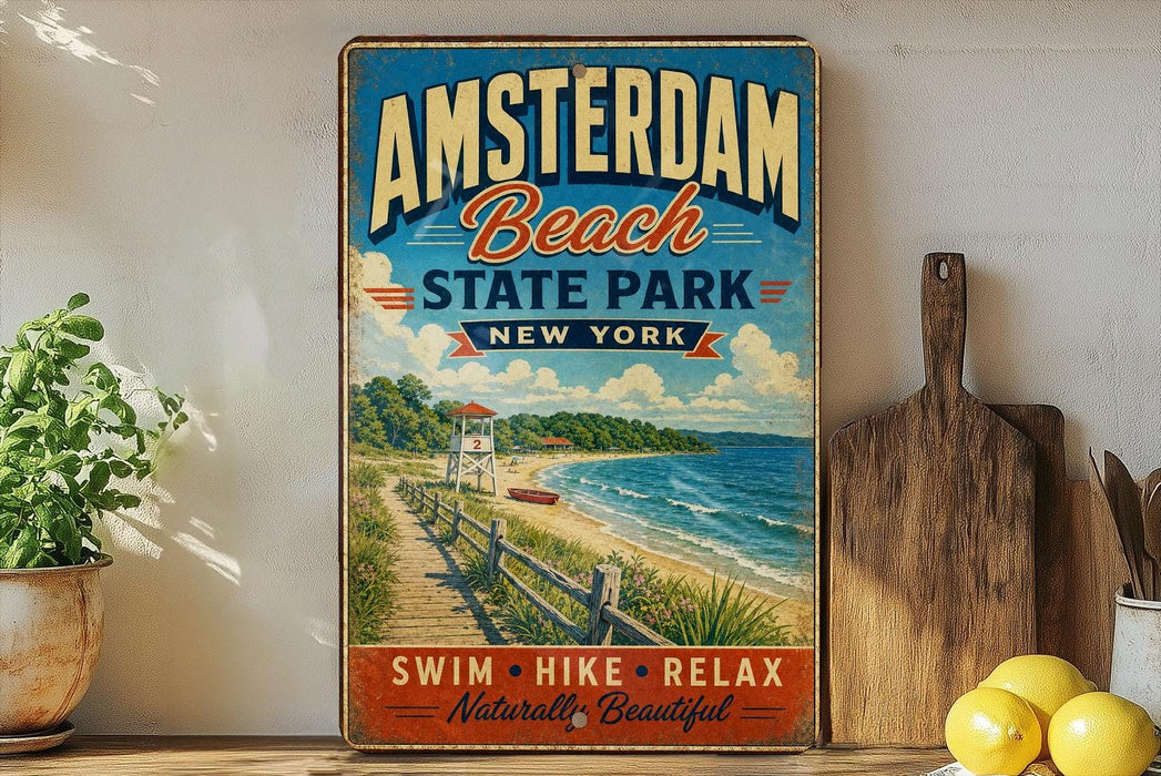 A vintage-style poster advertising Amsterdam Beach State Park in New York, featuring a scenic beach and ocean view.