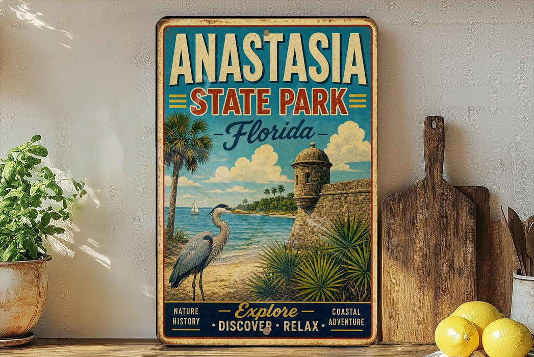 a vintage-style poster advertising Anastasia State Park in Florida, with a beach scene and a crane in the foreground.