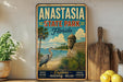 a vintage-style poster advertising Anastasia State Park in Florida, with a beach scene and a crane in the foreground.