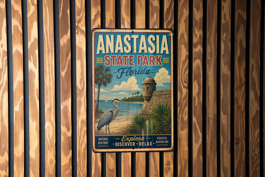 A vintage metal sign for Anastasia State Park in Florida, featuring a beach scene with palm trees and a crane, mounted on a wooden wall.