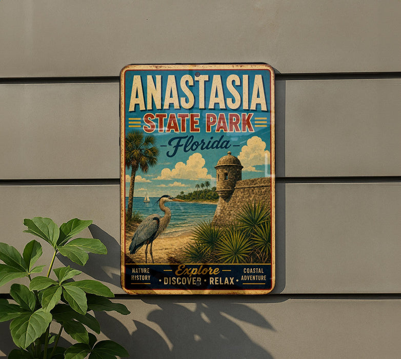 a vintage-style metal sign for Anastasia State Park in Florida, with a bird and palm trees in the background.