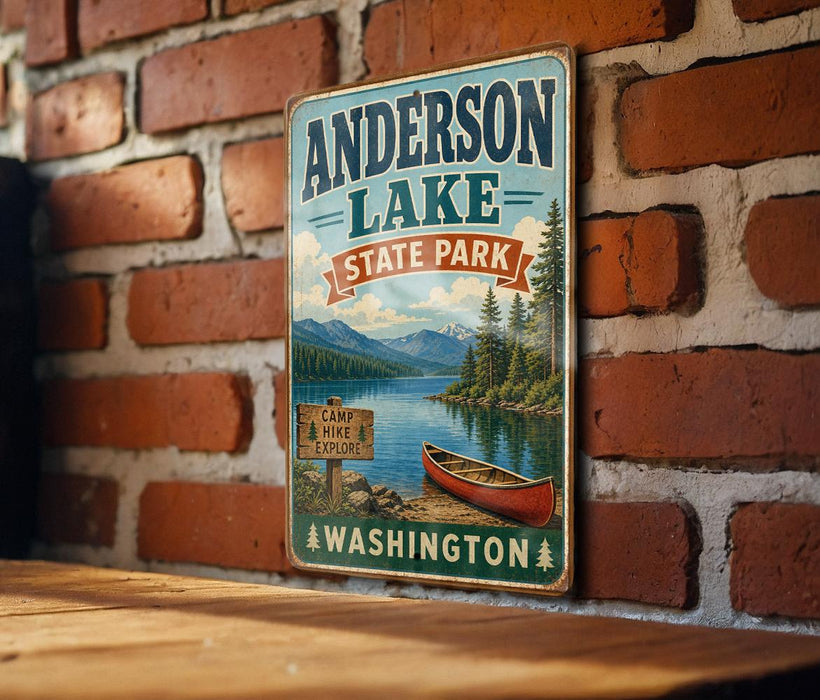 A vintage-style metal sign for Anderson Lake State Park in Washington, featuring a scenic image of a lake, mountains, and a canoe.