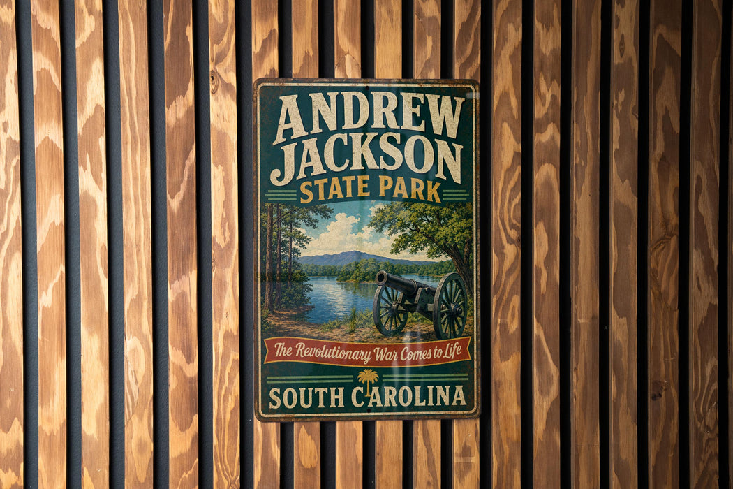 A vintage-style metal sign for Andrew Jackson State Park in South Carolina, featuring a cannon and a scenic landscape.